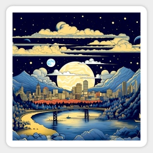 Full Blue Moon Over Portland Oregon on a Dark Background Sticker